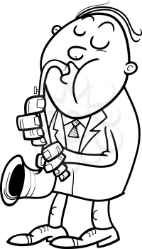 Black and White Cartoon Illustration of Musician playing on the Saxophone Instrument for Coloring Book