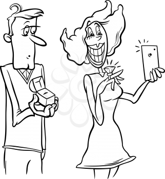 Black and White Cartoon Illustration of Woman with Engagement Ring Doing Selfie Photo by Smart Phone for Social Media