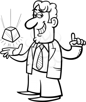 Black and White Cartoon Illustration of Man or Businessman Doing a Presentation of New Technology Gadget for Coloring Book