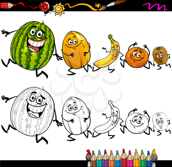 Coloring Book or Page Cartoon Illustration of Black and White Funny Running Fruits Group for Children