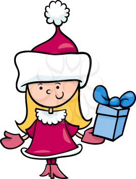 Cartoon Illustration of Santa Claus Girl Character with Christmas Gifts