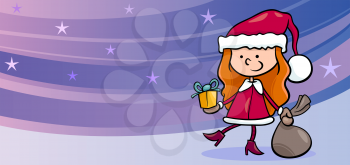 Greeting Card Cartoon Illustration of Cute Girl Santa Claus with Christmas Present