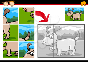 Cartoon Illustration of Education Jigsaw Puzzle Game for Preschool Children with Funny Puppy Dog