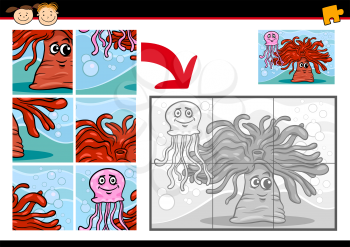 Cartoon Illustration of Education Jigsaw Puzzle Game for Preschool Children with Funny Anemone and Jellyfish Sea Animal