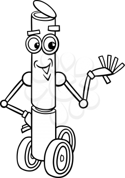 Black and White Cartoon Illustration of Funny Fantasy Robot on Wheels for Coloring Book