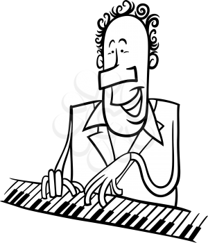 Black and White Cartoon Illustration of Pianist or Jazz Musician Playing the Piano or Keyboard Instrument for Coloring Book