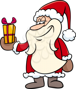 Cartoon Illustration of Santa Claus Character with Christmas Present
