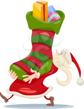Cartoon Illustration of Funny Santa Claus Character with Big Sock Full of Christmas Presents