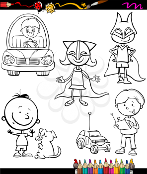 Coloring Book or Page Cartoon Illustration of Color and Black and White Happy Children Set