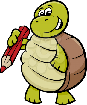 Cartoon Illustration of Funny Turtle Animal Character with Pencil