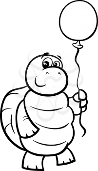 Black and White Cartoon Illustration of Funny Turtle Animal Character with Balloon for Coloring Book