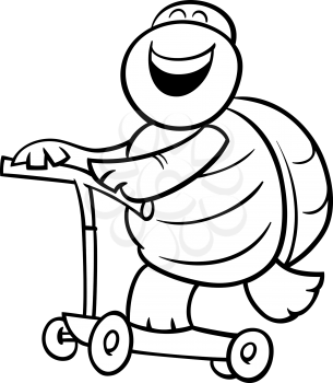 Black and White Cartoon Illustration of Funny Turtle Animal Character Riding on Scooter for Coloring Book