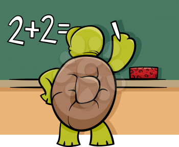 Cartoon Illustration of Funny Turtle Animal Character Solving a Math Problem at Blackboard