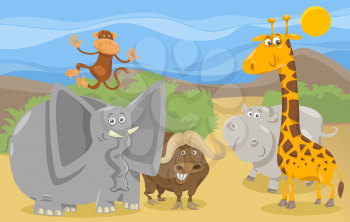 Cartoon Illustration of Scene with Wild African Safari Animals Characters Group