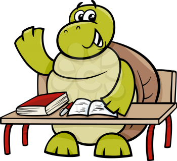 Cartoon Illustration of Funny Turtle Animal Character Raising Hand on the Lesson