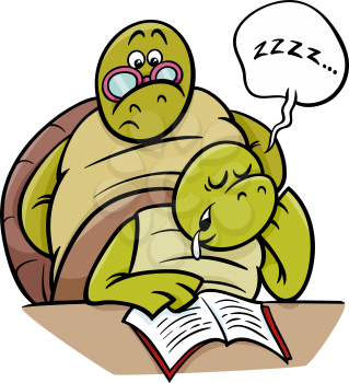 Cartoon Illustration of Funny Turtle Animal Character Sleeping in Classroom