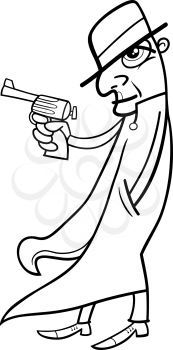 Black and White Cartoon Illustration of Detective or Gangster with Gun