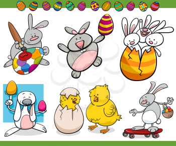 Cartoon Illustration of Happy Easter Themes with Bunnies and Chicks with Eggs