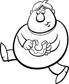 Black and White Cartoon Illustration of Man Eating Donut Cake for Coloring Book