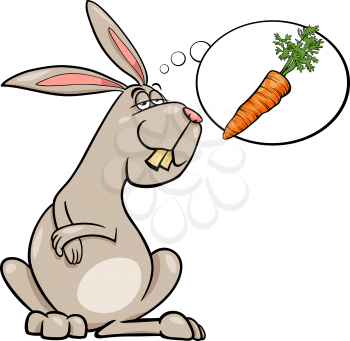 Cartoon Illustration of Funny Rabbit Dreaming about Carrot