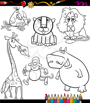 Coloring Book or Page Cartoon Illustration of Black and White Funny Wild Animals Set