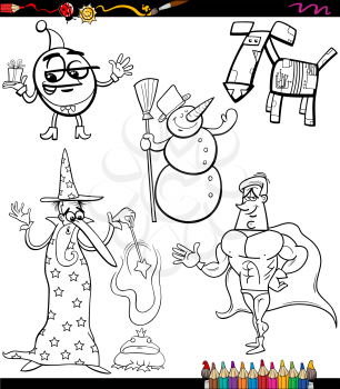 Coloring Book or Page Cartoon Illustration of Black and White Fantasy Characters Set