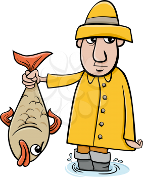 Cartoon Illustration of Angler or Fisherman with Big Fish