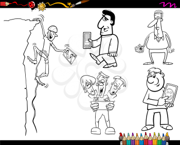 Coloring Book or Page Cartoon Illustration of Funny People with Electronic Devices Set