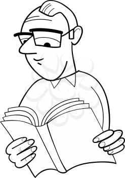 Black and White Cartoon Illustration of Reader with Book for Coloring Book