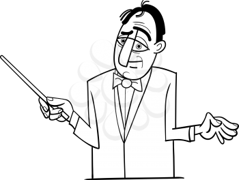 Black and White Cartoon Illustration of Orchestra Conductor Funny Character