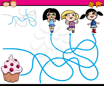 Cartoon Illustration of Education Path or Maze Game for Preschool Children with Girls and Cupcake