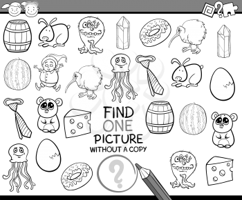 Black and White Cartoon Illustration of Finding Single Picture without Copy Educational Game for Preschool Children