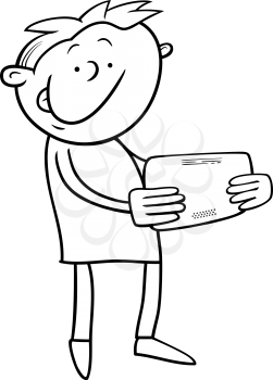 Black and White Cartoon Illustration of Kid Boy Playing on Tablet for Coloring Book