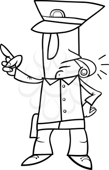 Black and White Cartoon Illustration of Policeman Blowing the Whistle for Coloring Book