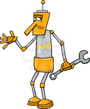 Cartoon Illustration of Funny Fantasy Robot Character with Wrench