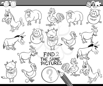 Black and White Cartoon Illustration of Finding the Same Pictures Educational Game for Preschool Children