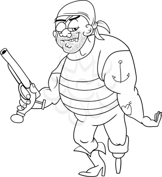 Black and White Cartoon Illustration of Funny Pirate Officer with Peg Leg and Gun for Coloring Book