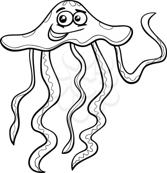 Black and White Cartoon Illustration of Funny Jellyfish Sea Animal for Coloring Book