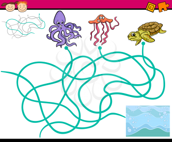 Cartoon Illustration of Education Paths or Maze Game for Preschool Children with Hippos