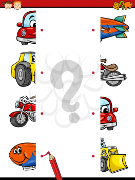 Cartoon Illustration of Education Halves Joining Game for Preschool Children with Transportation Characters