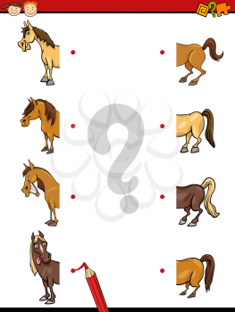 Cartoon Illustration of Education Halves Matching Game for Preschool Children with Horse Animal Characters