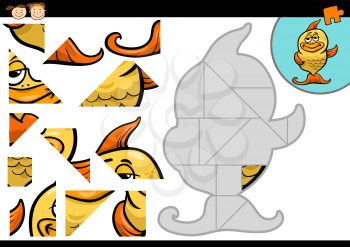 Cartoon Illustration of Education Jigsaw Puzzle Game for Preschool Children with Funny Gold Fish Animal Character