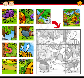 Cartoon Illustration of Education Jigsaw Puzzle Game for Preschool Children with Insects Animals Characters Group