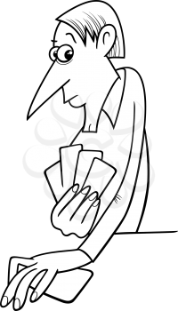 Black and White Cartoon illustration of Man Playing Cards