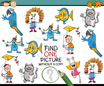 Cartoon Illustration of Finding Single Picture without a Copy Educational Game for Kids