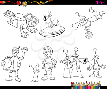 Coloring Book Cartoon Illustration of Spaceman and Aliens Characters Set