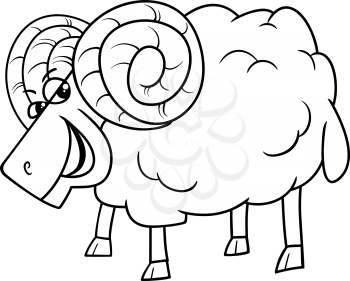 Black and White Cartoon Illustration of Funny Ram Farm Animal Character for Coloring Book