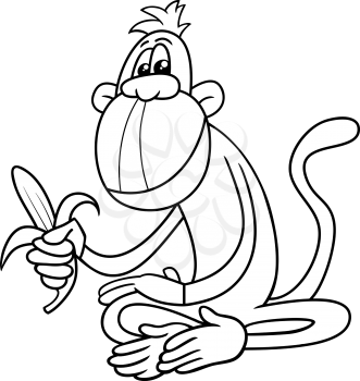 Black and White Cartoon Illustration of Monkey Mammal with Banana for Coloring Book