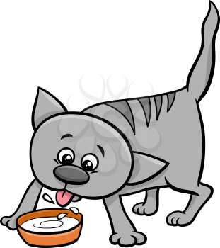 Cartoon Illustration of Cat or Kitten Animal Character Drinking Milk