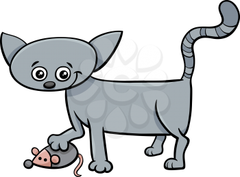 Cartoon Illustration of Cat or Kitten Animal Character with Toy Mouse